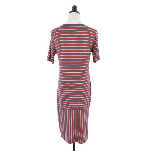 NEW LuLaRoe Julia Gray Red Striped Bodycon Dress Medium Short Sleeve Scoop Neck - Picture 6 of 9
